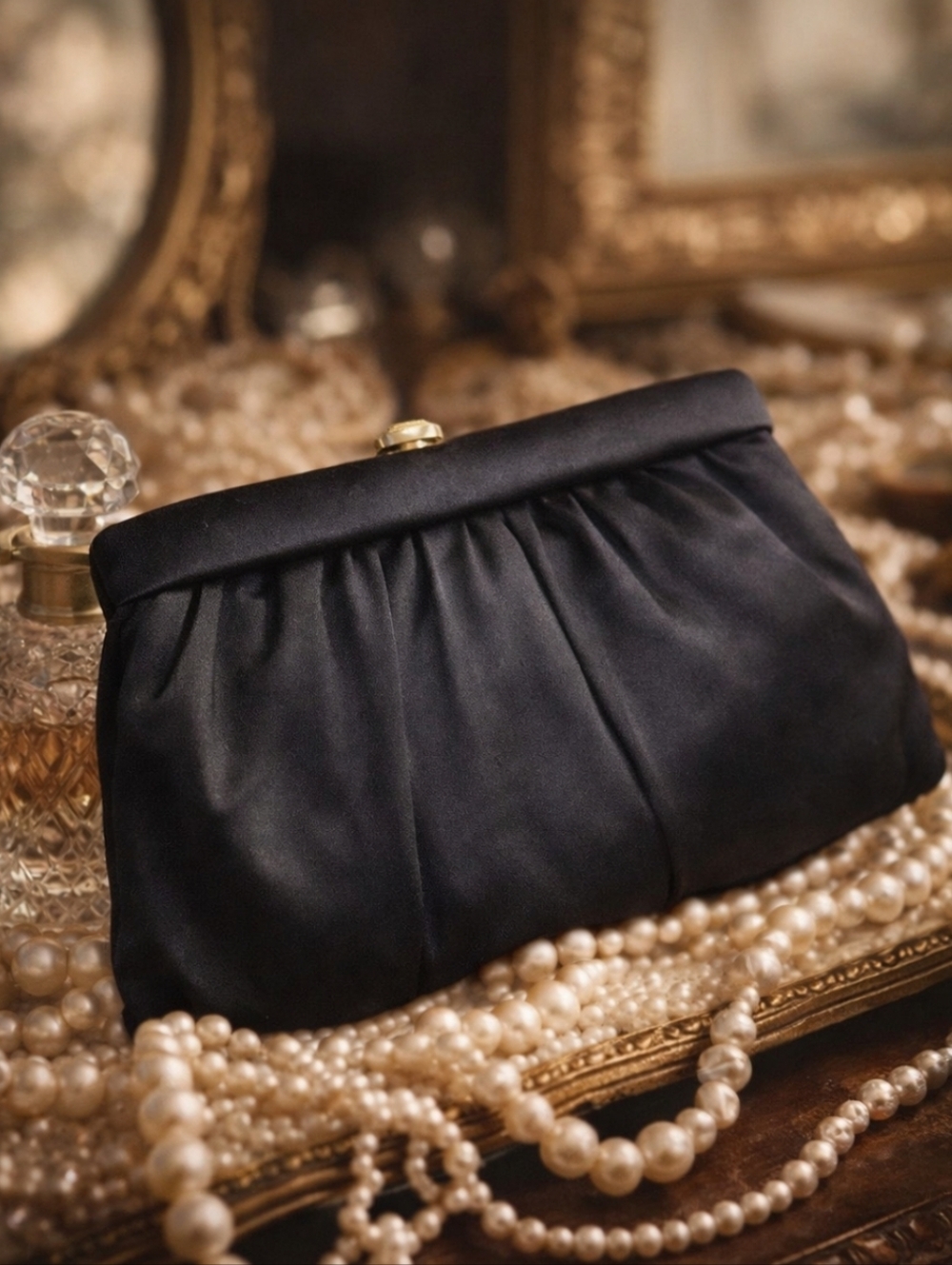 Vintage MM Black Satin Evening Clutch Gold Frame with Matching Coin Purse